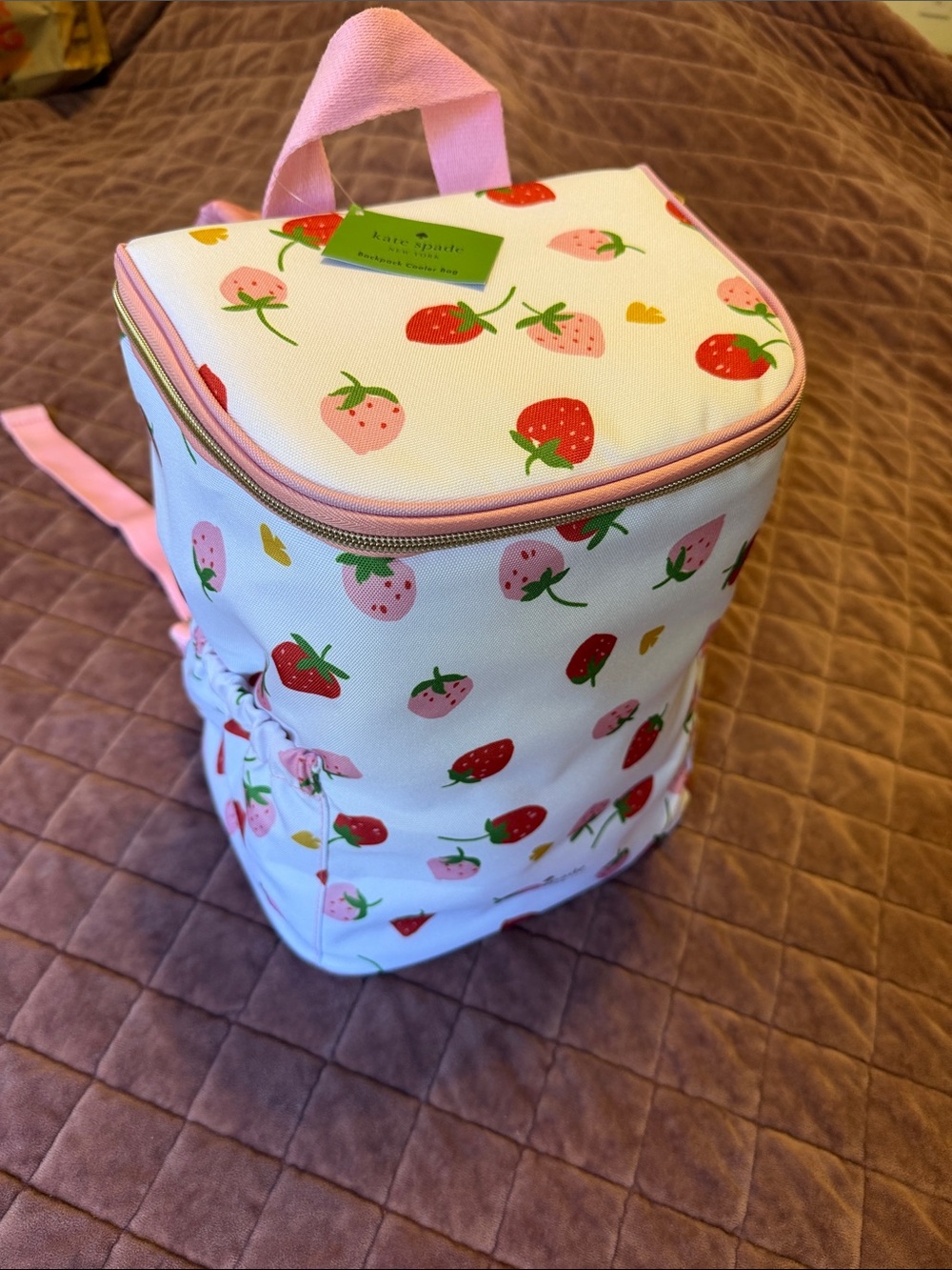 kate spade White & Pink Strawberry Print Cooler Backpack